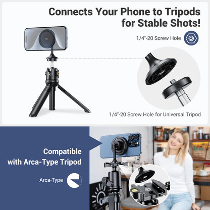 Magnetic Phone Tripod Mount Adapter with Arca Base&1/4" Screw Hole Compatible with MagSafe, 60° Tilt iPhone Tripod Holder for iPhone 17 16 15 14 13 12 Pro Max Plus, Selfie Stick Tripod Arca Ball Head