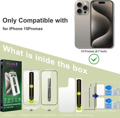 [2-Pack Ultra HD Clear Screen Protector for iPhone 15 Pro Max (6.7-Inch),9H Tempered Glass,Full Coverage,Anti-Fingerprint,Auto Dust Removal,Bubble-Free,Easy Installation