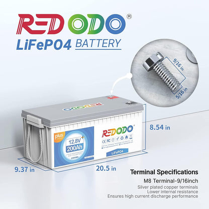 Redodo 12V 200Ah Plus Lithium LiFePO4 Battery (Pack 2), Max 2560W Power Output, 200A BMS Protection, 4000-15000 Deep Cycles,Perfect for Home Solar Storage, RV, Marine, Scooter, etc