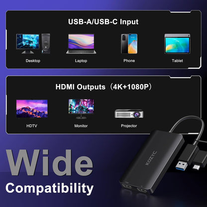 USB 3.0 to HDMI Splitter Extended Display Dual Monitors, USB 3.0-A/C to Dual HDMI Adapter 4K@30Hz+1080p@60Hz Compatible MacBook/MacBook Pro Air Dell (MST Support MacOS/Windows)