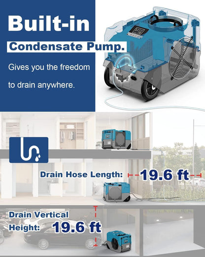 ALORAIR 264 Pitns LGR Commercial Dehumidifier with Pump, Up to 3,000 Sq.Ft Industrial Dehumidifier with Drain Hose Potable Wheels Design for Whole House, Basement, Warehouse, Garage, Blue