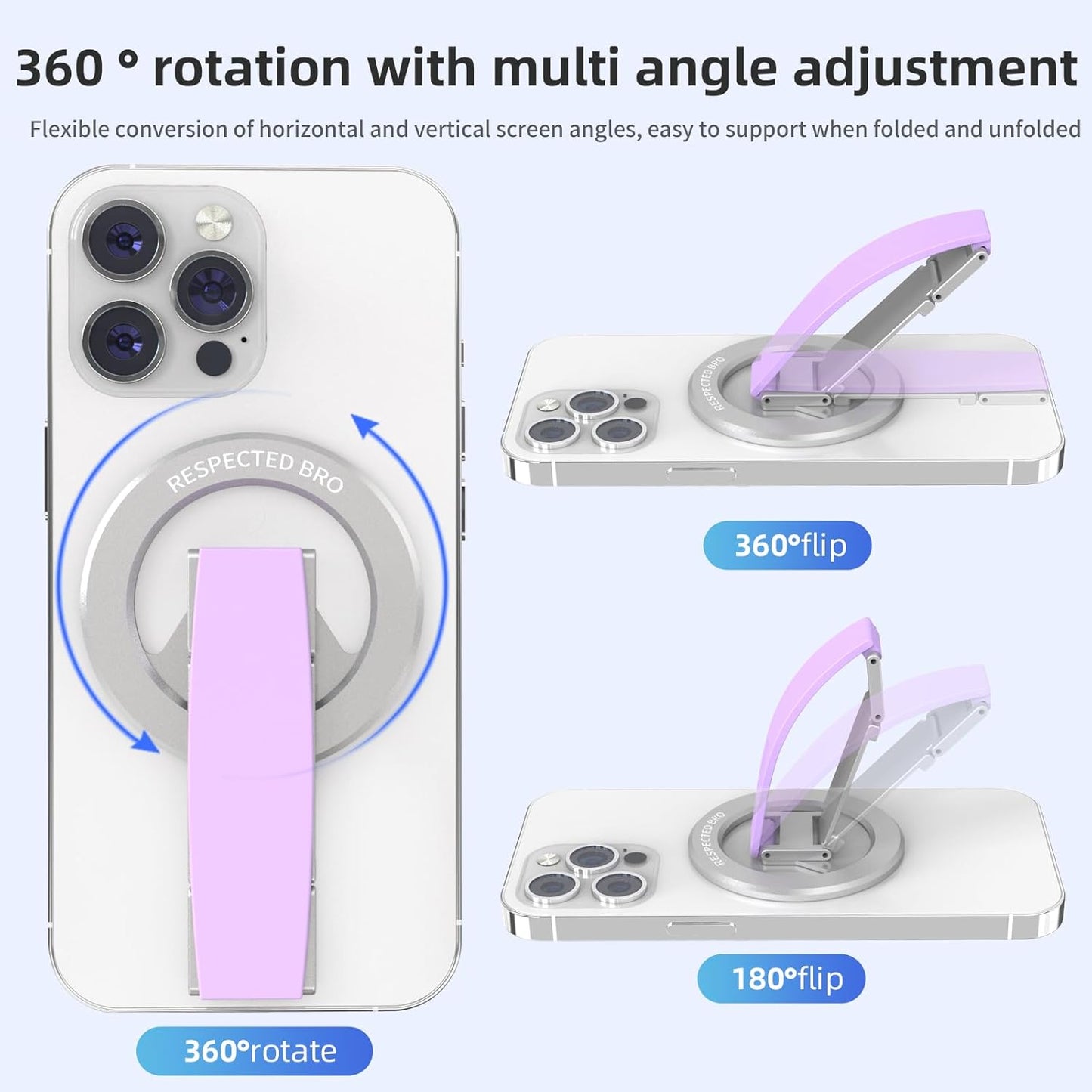 RESPECTED-BRO-Magnetic-Phone-Grip-Stand, Magnetic Phone Ring Holder Kickstand with Silicone Finger Strap, Compatibility for iPhones, Androids, and More (Purple)