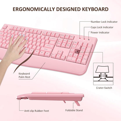 Wireless Keyboard and Mouse Combo, EDJO 2.4G Full-Sized Ergonomic Computer Keyboard with Wrist Rest and 3 Level DPI Adjustable Wireless Mouse for Windows, Mac OS Desktop/Laptop/PC (Pink)