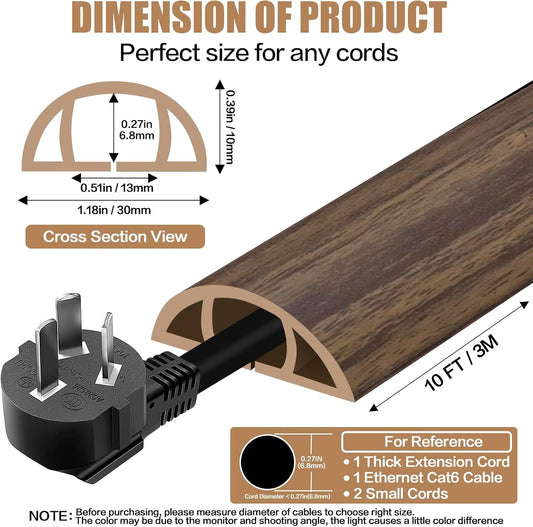 Floor Cord Cover Self Adhesive Cord Hider,10FT Cable Management, Extension Strip Protector for Wires, Prevent Cable Trips for Offices, Gyms, Exhibitions Cavity:0.39"(W) x 0.27"(H) Wood Walnut