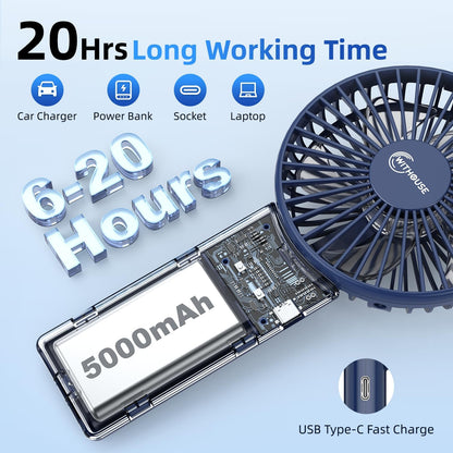 【SUPER THIN】 Portable Handheld Fan, 2025 Upgraded Strong Airflow, 20Hrs Runtime, 5000mAh, 180° Foldable, 5 Speeds, 3-IN-1 Mini Hand/Desk/Neck Fans, Travel Essentials Gifts for Women, Men