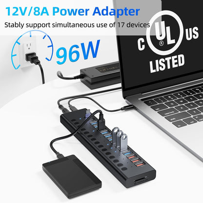 Powered USB Hub 10Gbps, 17 Ports 96W USB 3.2 Hub(10 USB-A 3.2 Ports+3 QC 24W Fast Charging Ports+2 USB-C 3.2 Ports+SD/TF Card Reader), 12V/8A Power Adapter for Laptop, PC, Computer, HDD,Flash Drive