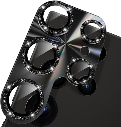 YWXTW Camera Lens Protector for Samsung Galaxy S24 Ultra, [Lithography Laser Gradient] [5X Strengthen] Bling Glitter Tempered Glass Screen Protector Metal Ring Camera Lens Cover (Titanium Black)