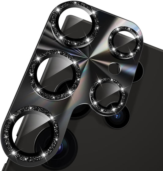 YWXTW Camera Lens Protector for Samsung Galaxy S24 Ultra, [Lithography Laser Gradient] [5X Strengthen] Bling Glitter Tempered Glass Screen Protector Metal Ring Camera Lens Cover (Titanium Black)