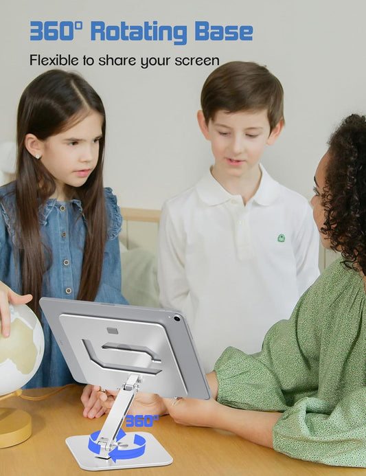 Tablet Stand Holder with 360°Rotating Base - Adjustable Aluminum Desktop Stand for iPad Holder for Desk Compatible with 4-13" Tablets, Silver