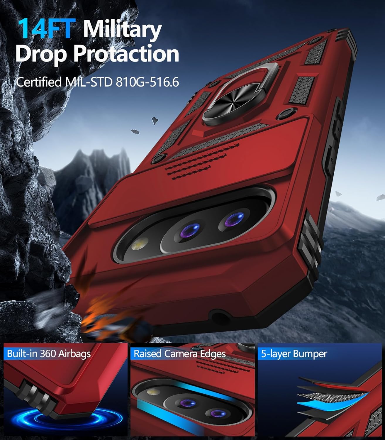 Taisairu for Google Pixel 9A Case with Screen Protector & Slide Camera Lens Cover, Built-in 360°Rotate Magnetic Ring Stand Shockproof Protective Phone Case for Google Pixel 9A Case (Red)