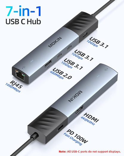 MOKiN 10Gbps USB C Hub Ethernet, 7 in 1 USB C Adapter for MacBook Pro/Air with 4K@60HZ HDMI, 3*USB-C 10Gbps Data, RJ45, USB 2.0, 100W PD, USB C Dongle for MacBook Pro/Air/Dell/HP/Thinkpad/Lenovo.