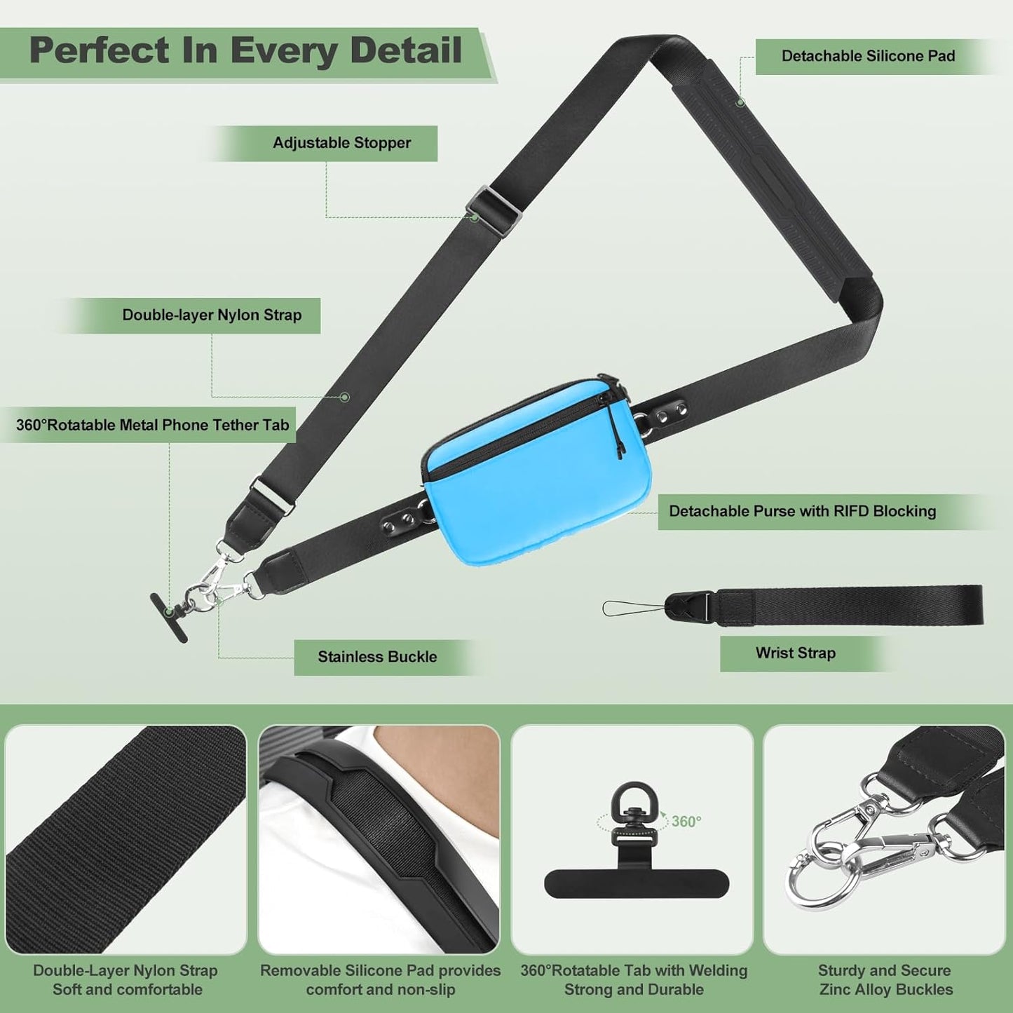 Clip and Go Strap for Phone with Wallet Crossbody, Adjustable Phone Lanyard with Detachable RFID Wristlet Wallet & Ultra-Thin 360° Rotatable Metal Tabs for All Smartphones (Blue)