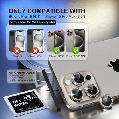 Choiche Compatible for iPhone 15 Pro/iPhone 15 Pro Max Camera Lens Protector Bling, 9H Tempered Glass Camera Cover Screen Protector Metal Ring Decoration Accessories (Glitter-Titanium Gray)