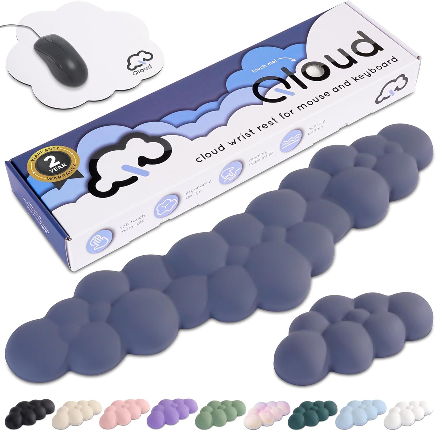 Qloud Cloud Wrist Rest Keyboard Wrist Rest for Computer Keyboard Pad, Cloud Keyboard Wrist Rest, Wrist Pad for Keyboard, Memory Foam, Non Slip Base, Comes with Mouse Pad - Slate Blue