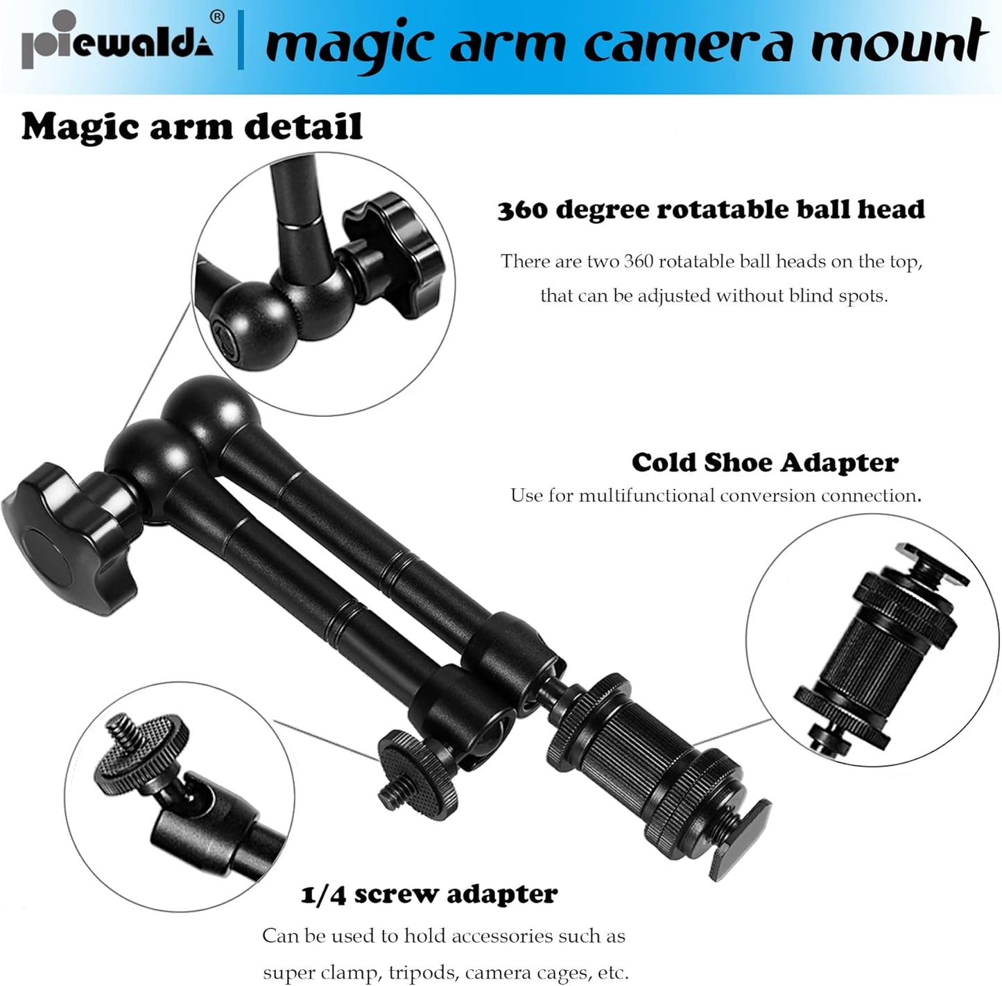 Magic arm Camera Mount ，articulating arm- 11 Inch Metal Adjustable Friction Articulated arm with Super Clamp/Phone Clip, for Various Action Camera/DSLR/LCD Monitor/LED Lights/Cell Phone