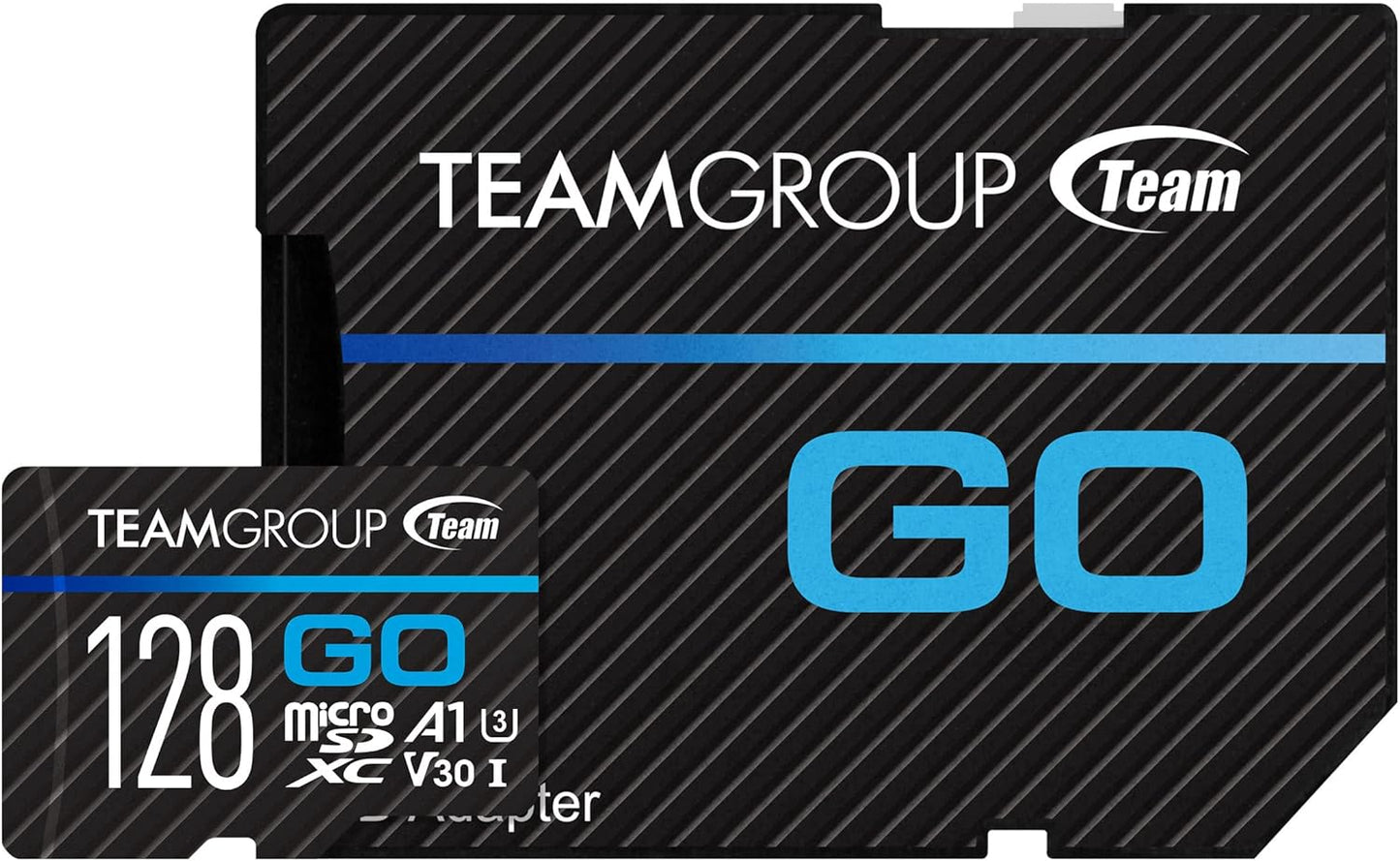 TEAMGROUP GO Card 128GB Micro SDXC UHS-I U3 V30 4K for GoPro & Action Cameras Flash Memory Card with Adapter for Outdoor 4K Shooting TGUSDX128GU303