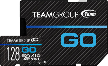 TEAMGROUP GO Card 128GB Micro SDXC UHS-I U3 V30 4K for GoPro & Action Cameras Flash Memory Card with Adapter for Outdoor 4K Shooting TGUSDX128GU303