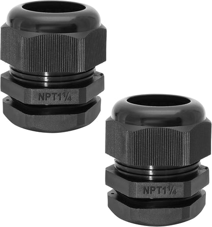 1-1/4" NPT Nylon Cable Glands, IP68 Waterproof Adjustable Cord Grip Cable Connector Strain Relief Wire Protectors for 25-32mm Cable Diameter, 2 Pcs, Black