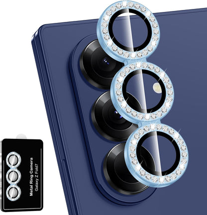 for Samsung Galaxy Z Fold 7 Camera Lens Protector, Individual Metal Ring Tempered Glass Lens Cover, [Strong Adsorption] Scratch Resistant Ultra-Thin HD Clear Lens Cover, 1 Set-Blue Diamond