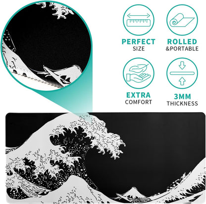 Japanese Sea Wave Large Mouse Pad, Abstract Black Gaming Mousepad, Extended Kanagawa Mat Desk Pad, 3mm Thick Long Non-Slip Rubber Base Mice Pad for Office and Home, 31.5x11.8 Inch