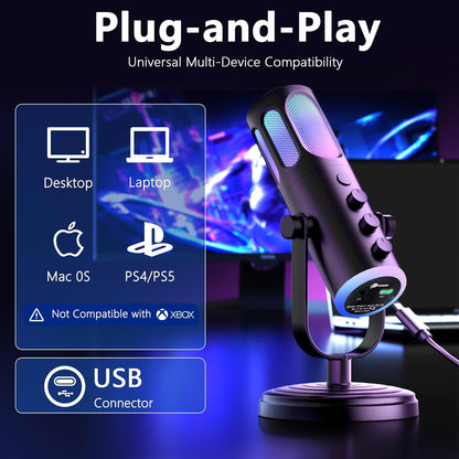 PUPGSIS Gaming Microphone for PC, Noise Cancellation Condenser Mic with RGB Lights, Mute, Monitoring, Pop Filter, Desktop-Mic for Streaming/Podcasting/Recording/Gaming Equipment, Plug & Play-Black