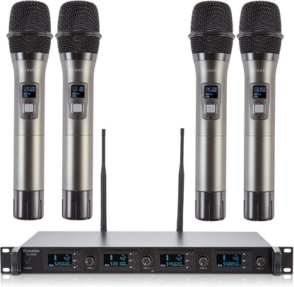 Wireless Microphone System, 4-Channel UHF Wireless Mic, Fixed Frequency Metal Cordless Mic with 4 Handheld Dynamic Microphones, 200ft Range, Mics for Singing, Church (4 Handheld)