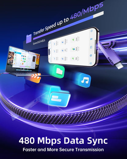 SHEZI [Upgraded 2.0] 4-in-1 Long USB C Cable 60W 10FT Fast Charging [480Mbps Data Sync] Flat Nylon Braided Charger Cord Combo, USB A/C to C/L Multi Charge Cable for iPhone/iPad & Most Devices, Purple