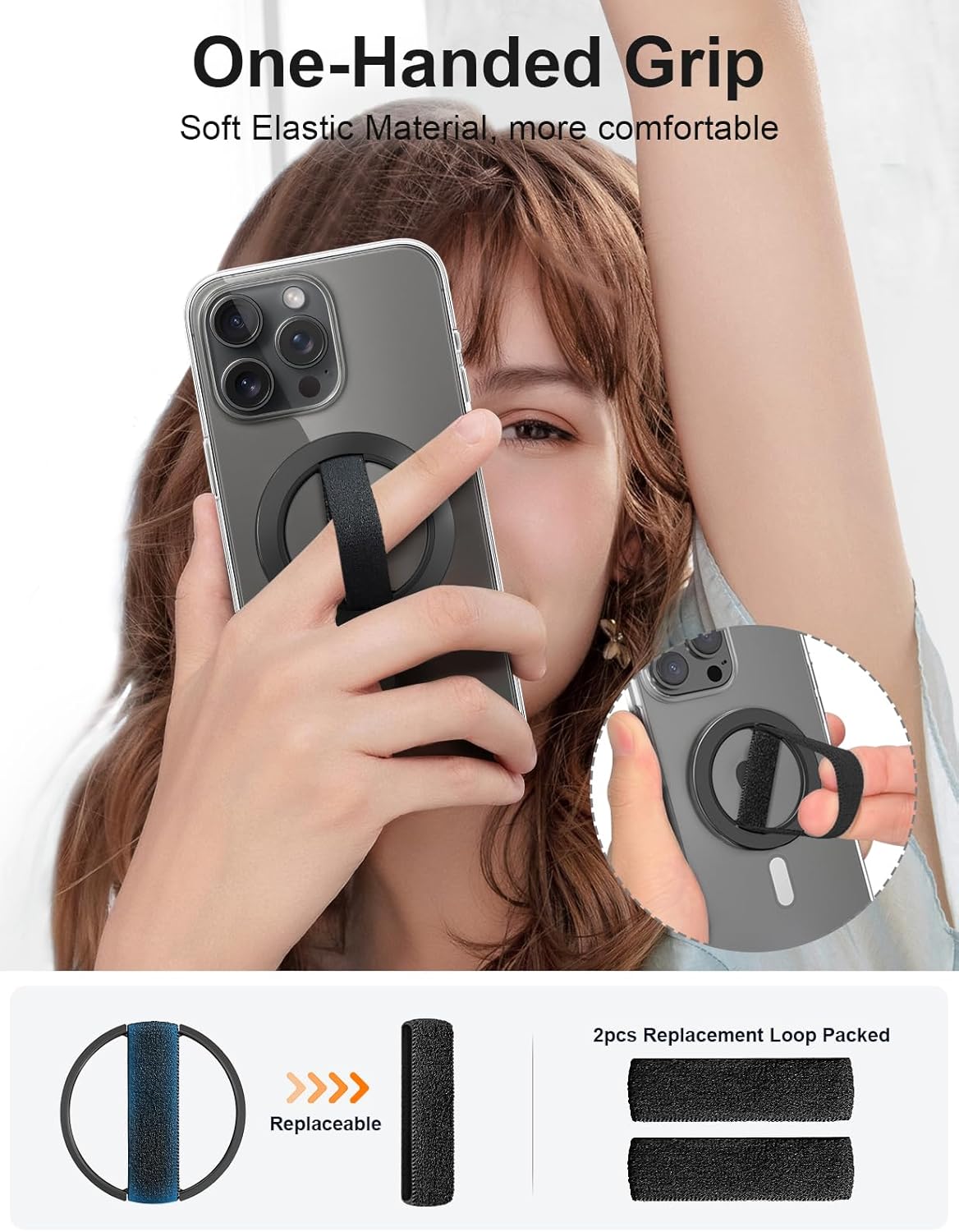EWA MagOne Solo Phone Grip with Replaceable Elastic Finger Loop, Removable Magnetic Ring Holder Loop, Accessories for iPhone 16, 15, 14, 13 Pro/Max/Plus, No Stand-Black