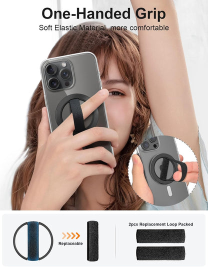 EWA MagOne Solo Phone Grip with Replaceable Elastic Finger Loop, Removable Magnetic Ring Holder Loop, Accessories for iPhone 16, 15, 14, 13 Pro/Max/Plus, No Stand-Black