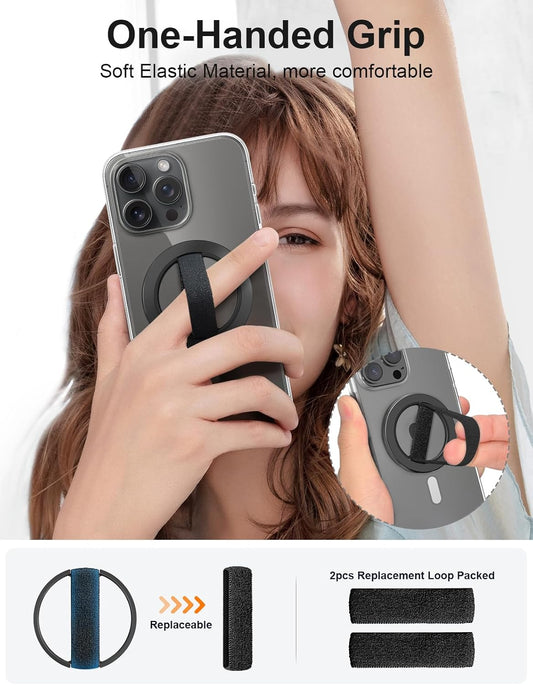 EWA MagOne Solo Phone Grip with Replaceable Elastic Finger Loop, Removable Magnetic Ring Holder Loop, Accessories for iPhone 16, 15, 14, 13 Pro/Max/Plus, No Stand-Black