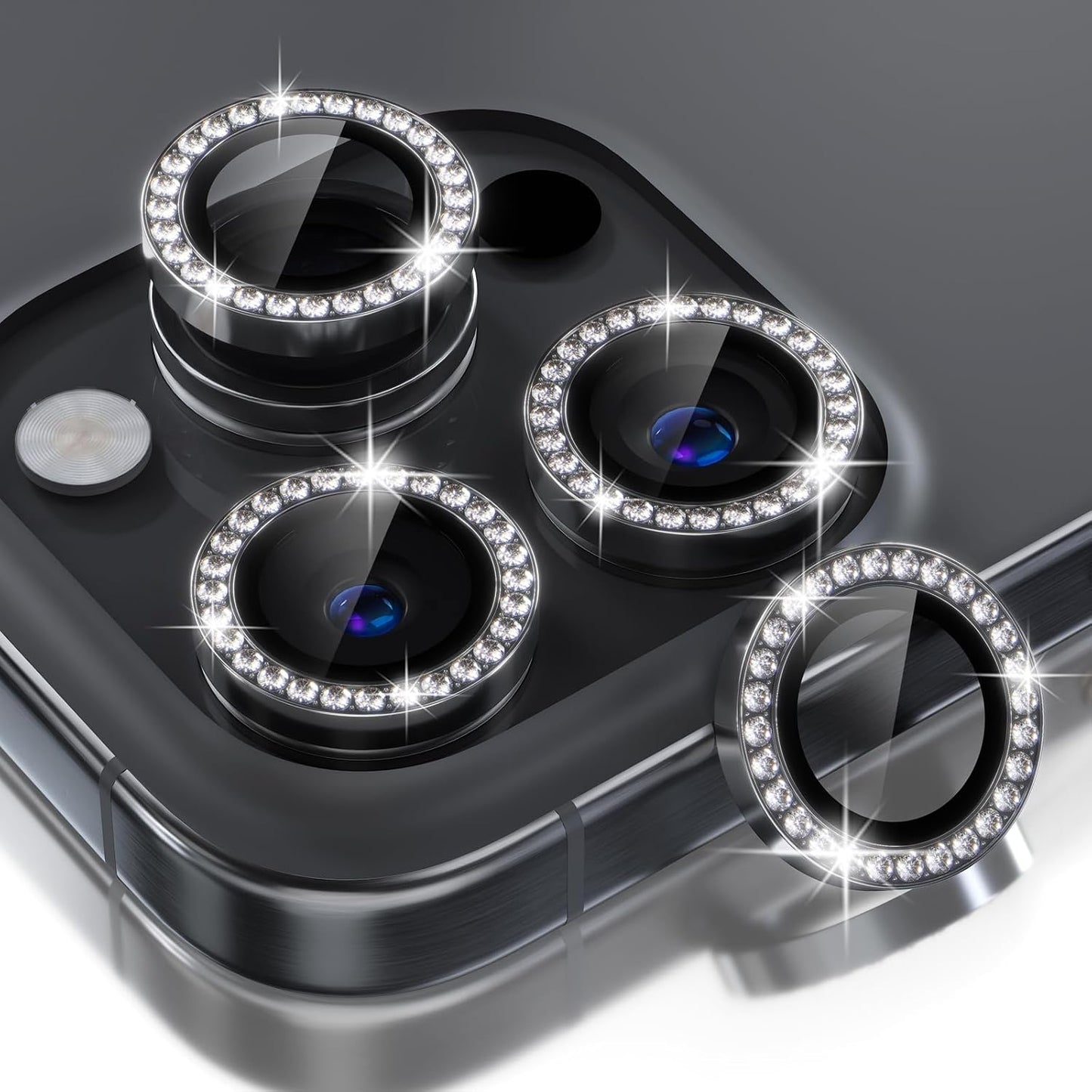 Choiche Compatible for iPhone 16 Pro/iPhone 16 Pro Max Camera Lens Protector Bling, 9H Tempered Glass Camera Cover Screen Protector Metal Ring Decoration Accessories (Diamond-Black)