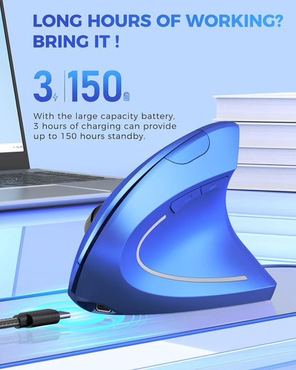 Lekvey Ergonomic Mouse, Vertical Wireless Mouse Rechargeable 2.4G USB Optical Carpal Tunnel Mice : 3 DPI 800/1200/1600 Levels 6 Buttons, for Laptop, PC, Computer, Desktop, Notebook etc, Blue