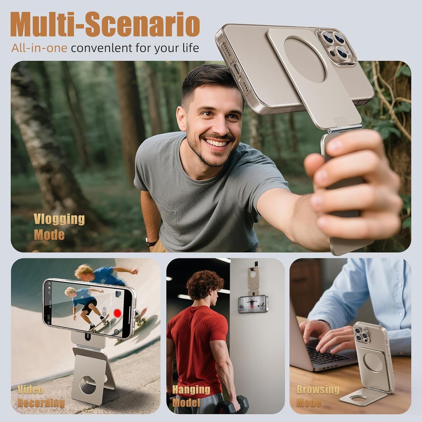 Phone Tripod Stand, Aluminum Alloy Mini Tripod Compatible with Magsafe iPhone 16/15/14/13/12 Series, Foldable Strong Magnetic Phone Stand, Mult-Angle Adjustment Selfie Stick（Desert Gold）