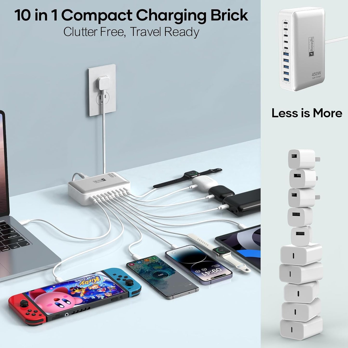 USB C Charger Hub 450W, 10 Ports Charging Station for Multiple Devices, Type C Port 140W Max for Laptops Super Fast Charging, GaN Tech Charging Blocks Comapct Design, Ultra Slim Flat Plug