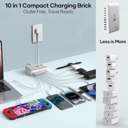 USB C Charger Hub 450W, 10 Ports Charging Station for Multiple Devices, Type C Port 140W Max for Laptops Super Fast Charging, GaN Tech Charging Blocks Comapct Design, Ultra Slim Flat Plug