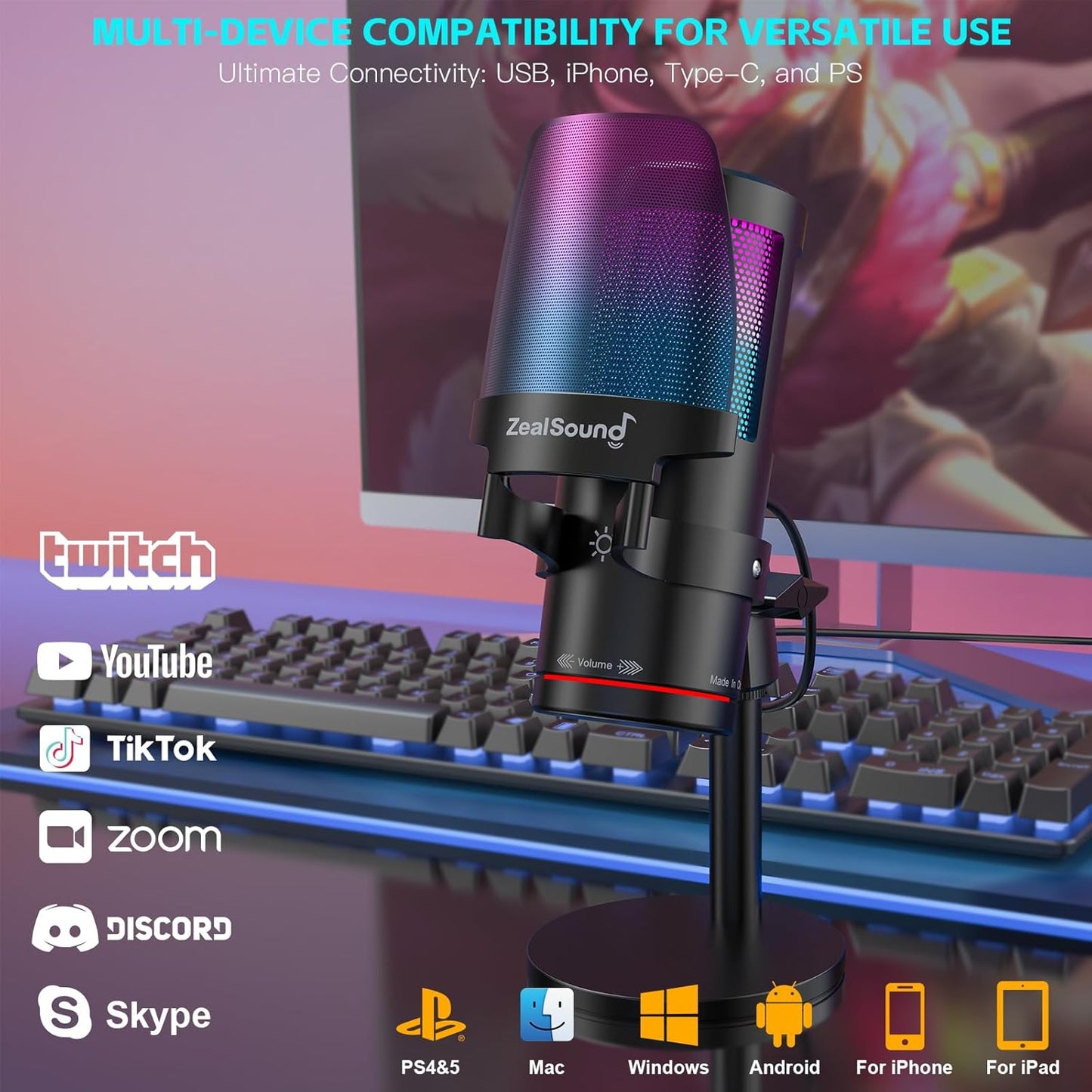 ZealSound Gaming USB Microphone,Noise Cancellation Condenser mic with RGB Light,Touch Mute,Gain,Monitoring for Streaming, Podcast, Twitch, YouTube, Discord, iPhone, iPad,PC,Computer,PS4,PS5,Mac