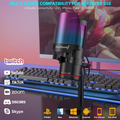 ZealSound Gaming USB Microphone,Noise Cancellation Condenser mic with RGB Light,Touch Mute,Gain,Monitoring for Streaming, Podcast, Twitch, YouTube, Discord, iPhone, iPad,PC,Computer,PS4,PS5,Mac