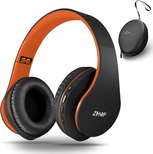 ZIHNIC Bluetooth Headphones Over-Ear, Foldable Wireless and Wired Stereo Headset Micro SD/TF, FM for Cell Phone,PC,Soft Earmuffs &Light Weight for Prolonged Wearing(Black/Orange)