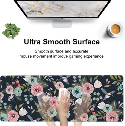 Colorful Flowers and Birds Desk Mat,Large Spring Floral Bird Gaming Keyboard Mouse Pad,Non-Slip Rubber Base Desk Pad Thick Stitched Edges Waterproof Mousepad Mouse Mat 31.5"x11.8"