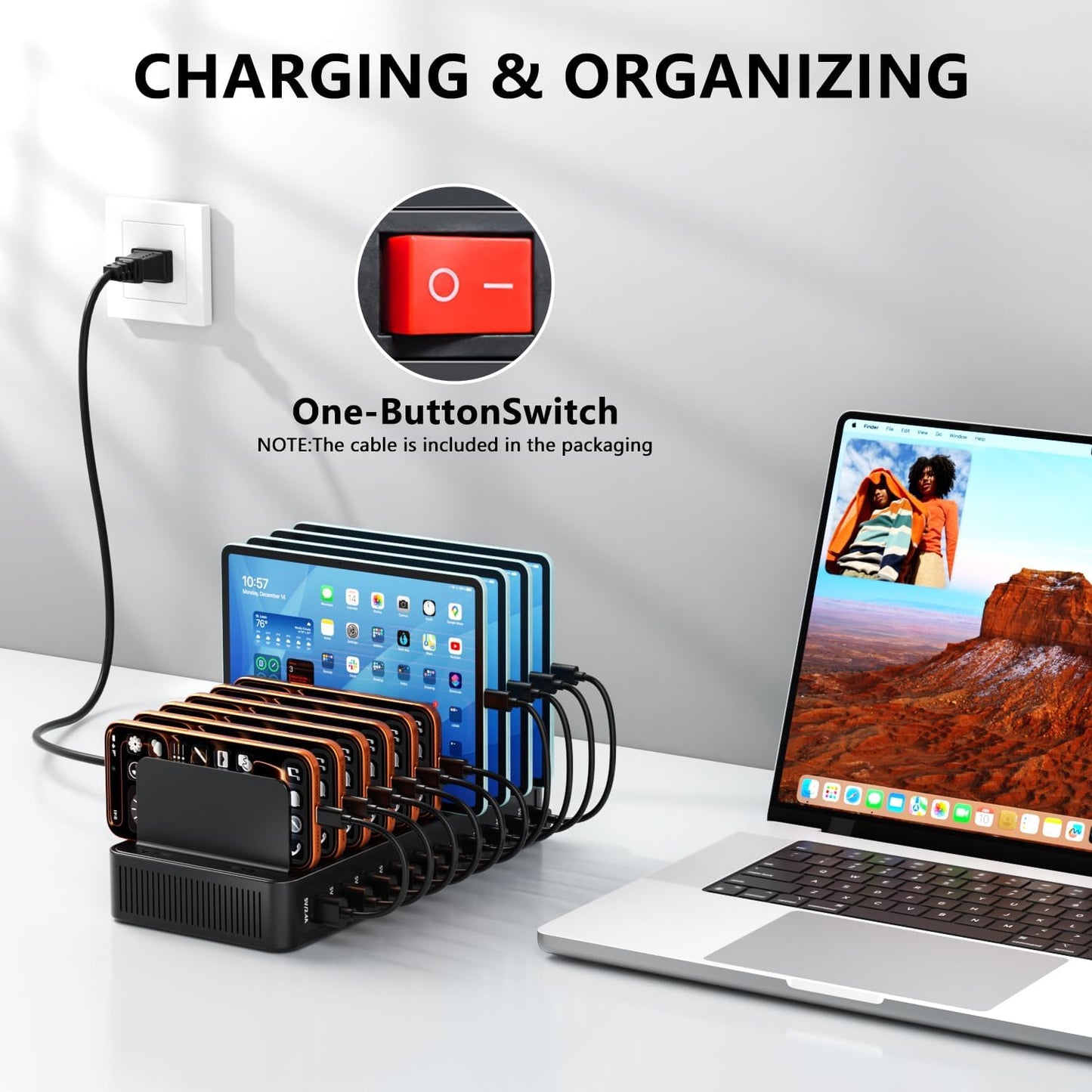 USB C Charging Station for Multiple Devices, 10-Port 100W Charging Dock, with Adjustable Dividers, USB-C Power Hub, Compatible with iPhone/Samsung/Google/Tablets/USB Devices (with 10 Cables)