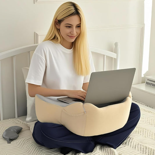 XWZO Laptop Lap Desk with Cushion, Ergonomic Wrist Rest Home Office Laptop Desk, Portable Memory Foam Arm Rest Gaming Pillow, Work or Sleep Pillow Stand for Bed, Eye Mask Included, Beige