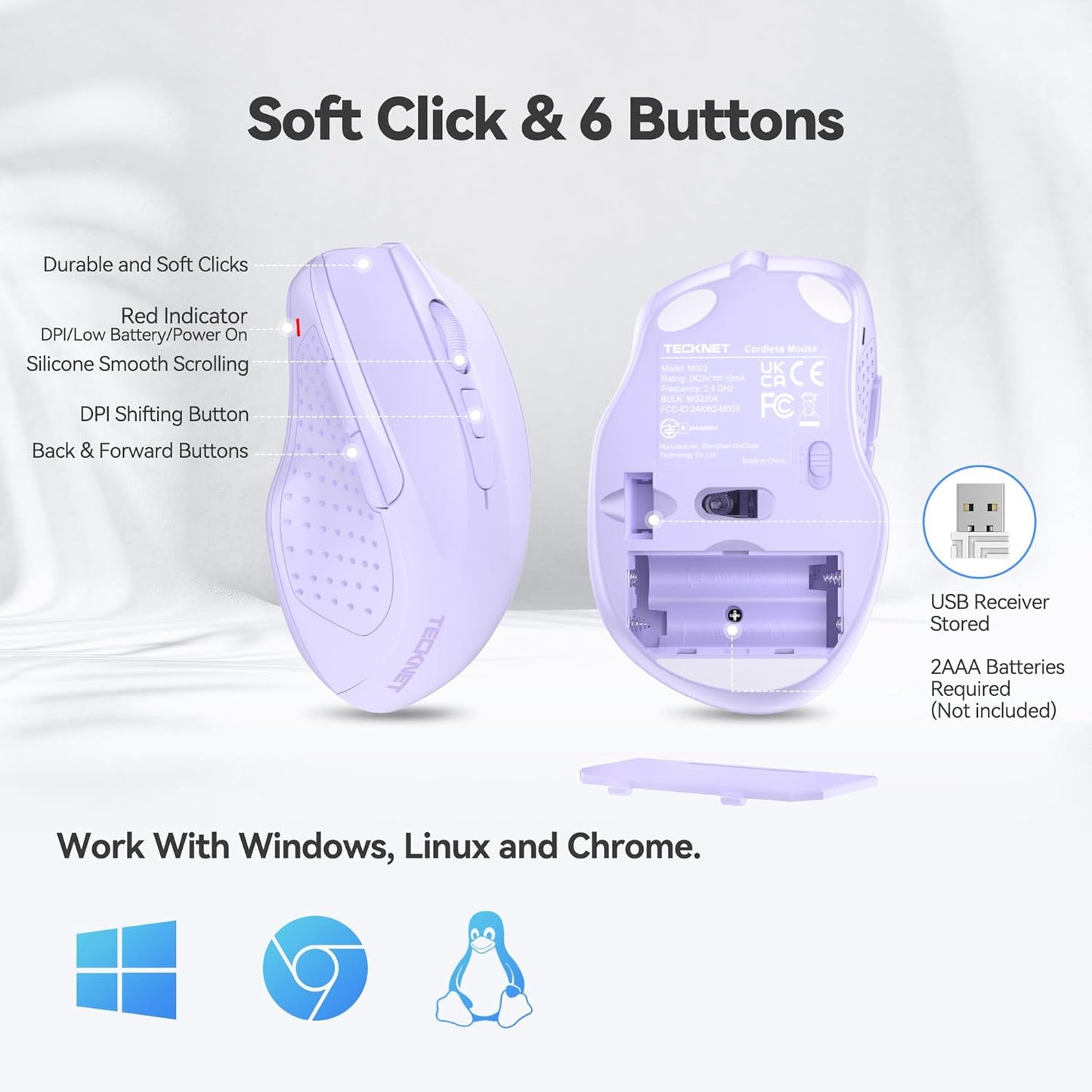 TECKNET Wireless Mouse, 2.4G Ergonomic Optical Mouse, Computer Mouse for Laptop, PC, Computer, Chromebook, Notebook, 6 Buttons, 24 Months Battery Life, 4000 DPI, 6 Adjustment Levels