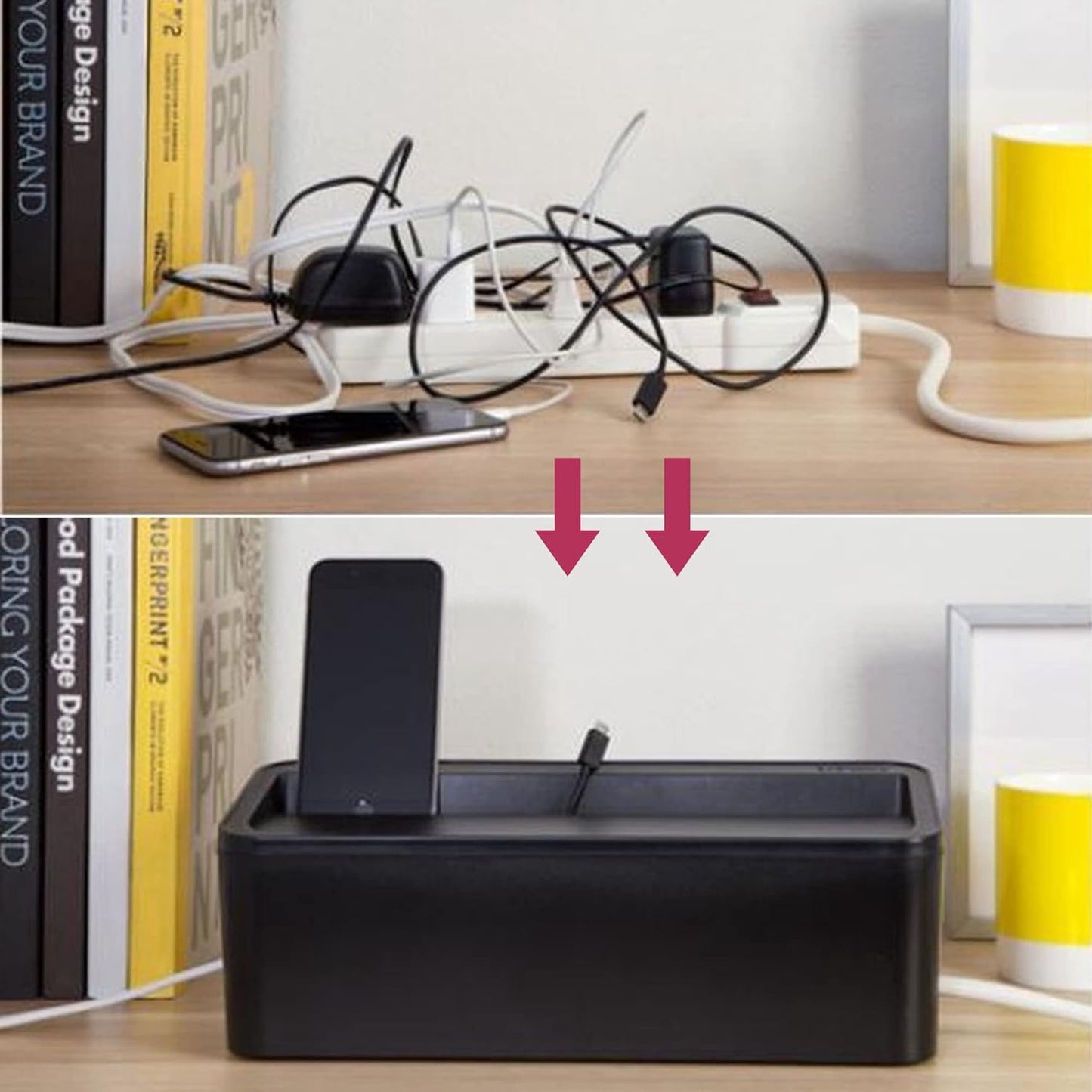 Cable Management Box Cord Organizer - The Cable Storage Box can Manage Hide Plugs Wires Power Strips USB Hub Router TV Computer Desk Cable for Home and Office Medium Black