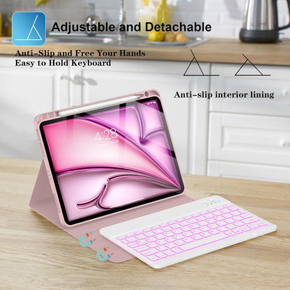 Supveco Keyboard Case for iPad Air 11 Inch (M3 2025,M2 2024),iPad Air 5th/4th Generation with Pencil Holder-7 Colors Backlit Wireless Detachable Folio Keyboard Cover with Soft TPU Back-Pink