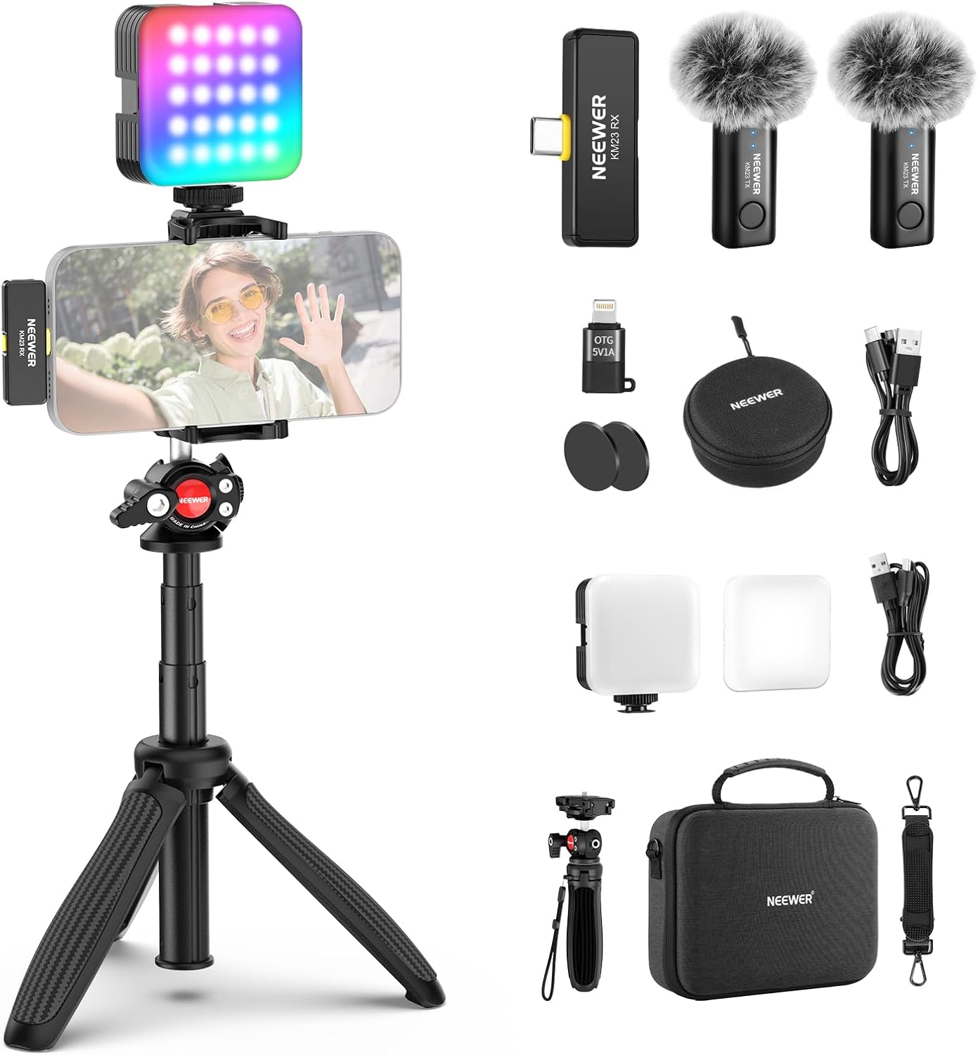 NEEWER Vlogging Kit for Phone with RGB LED Light/Lavalier Wireless Microphone System/Selfie Stick Phone Tripod, Content Creator Essentials for iPhone Android Podcast YouTube, PA048