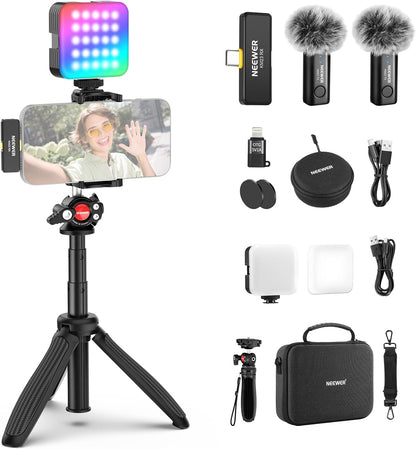 NEEWER Vlogging Kit for Phone with RGB LED Light/Lavalier Wireless Microphone System/Selfie Stick Phone Tripod, Content Creator Essentials for iPhone Android Podcast YouTube, PA048