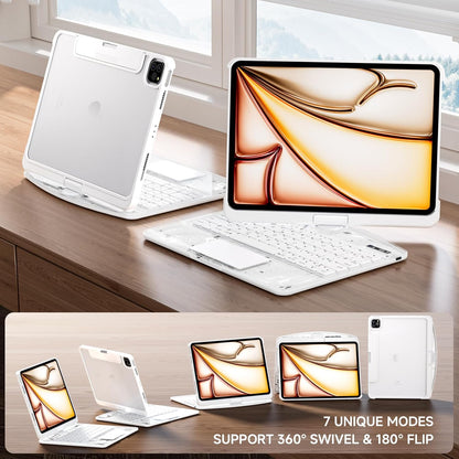 Transparent Case with Keyboard for iPad 9th (7th, 8th, and 9th Gen) 10.2 Inch,with 7-Color Backlit Wireless Keyboard,360°Rotatable Protective Case Multi-Touch Trackpad,with Pencil Holder,White