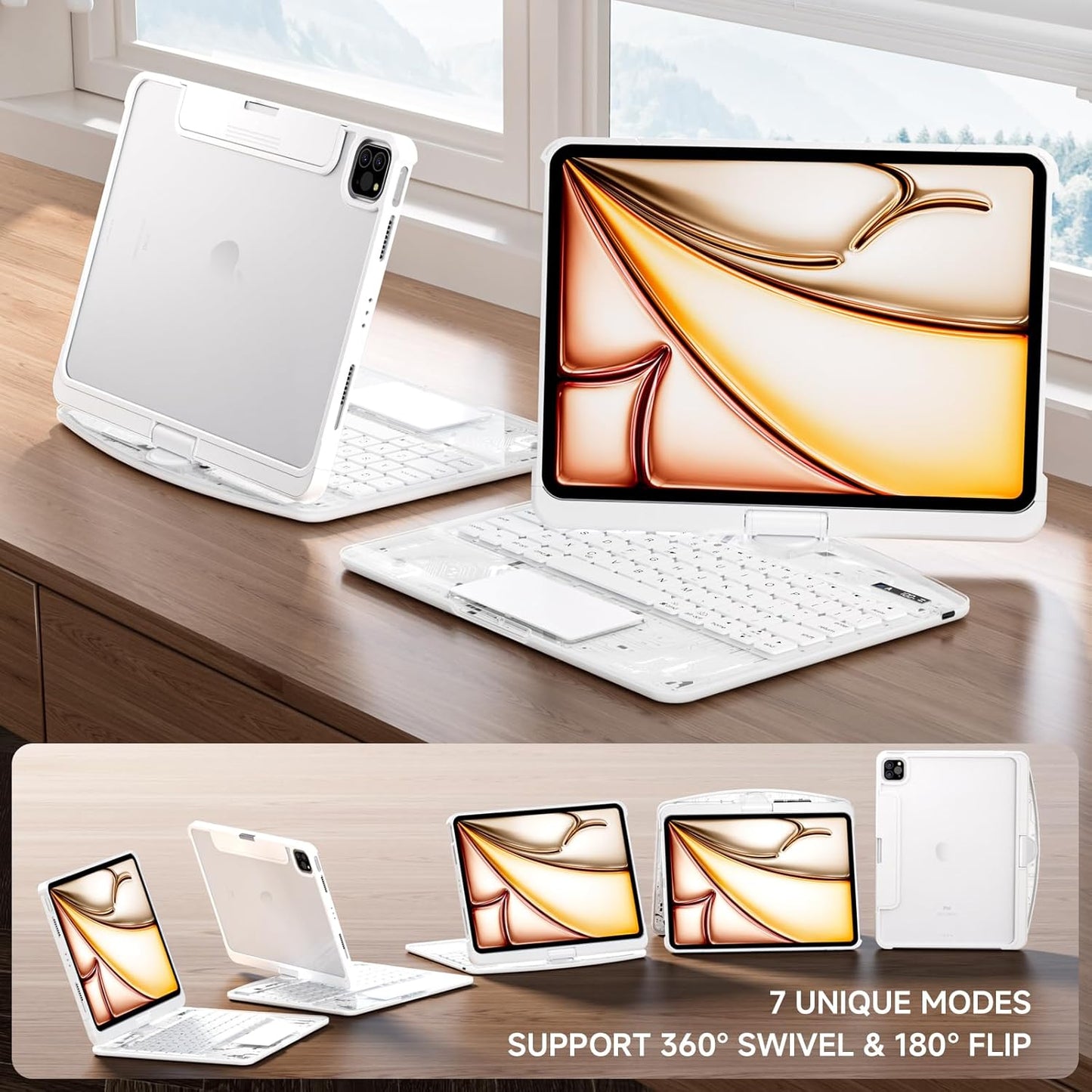 Transparent Case with Keyboard for 2024 iPad Pro 13 inch (M4), iPad Pro 13,7-Color Backlit,Magic Wireless Keyboard, 360°Rotating,Multi-Touch trackpad,Pencil Holder,with Shortcuts,White
