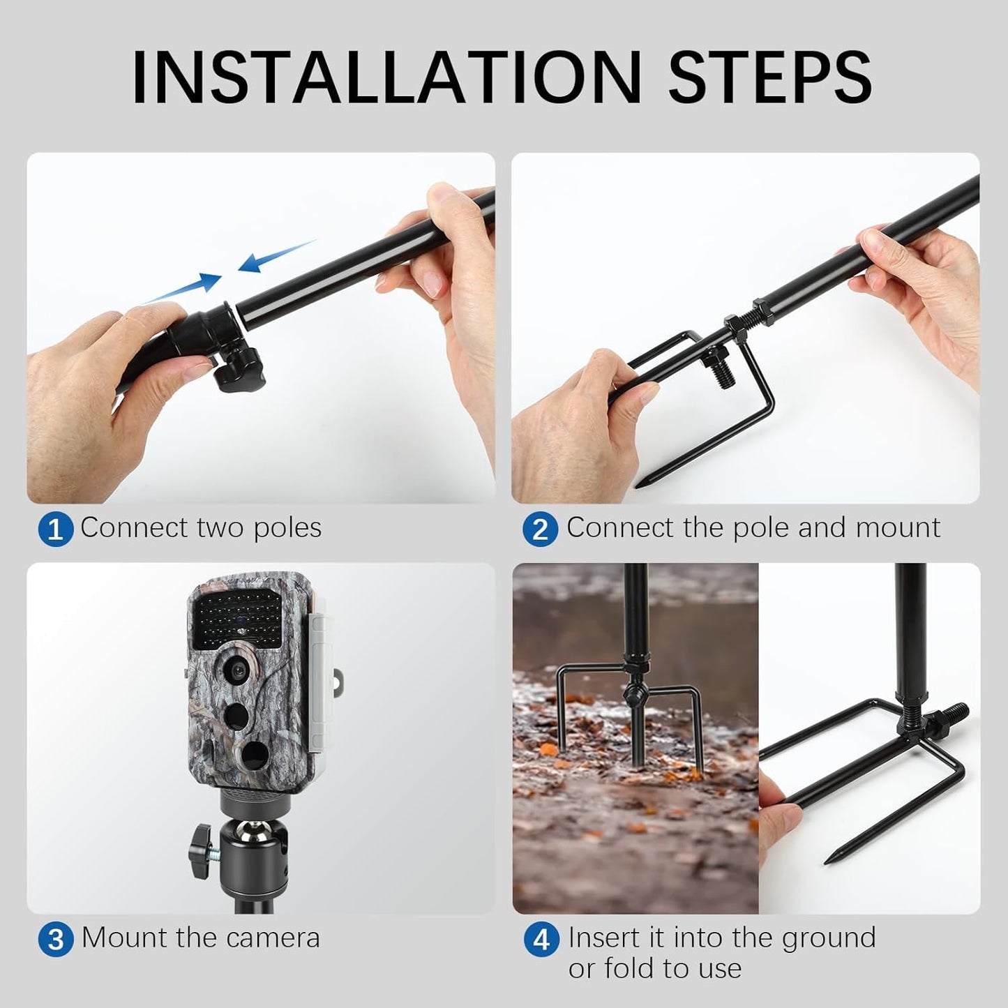 Trail Camera Mount,Height Adjustable (15.7"-28.3") & 360° Rotating Stake,Dual-Mode Base for Soft/Hard Ground Post,Game Cam Stand with 1/4"-20 Thread, Metal pole for Solar Panels,Hunting,Wildlife.3Pcs