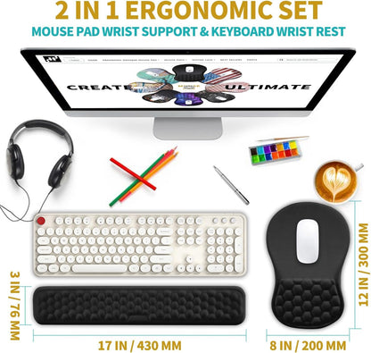 Hokafenle 2 in 1 Ergonomic Mouse Pad Wrist Support & Wrist Rest for Computer Keyboard Set, with Relieve Carpal Tunnel Pain Massage Bulge and Full Memory Gel Design (2In1 Set, Black)
